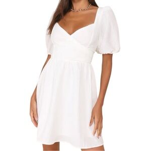 Lulus Little Bit In Love White Surplice Puff Sleeve Mini Dress Medium New
